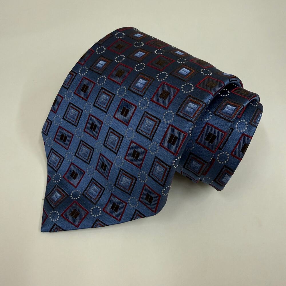 Ermenegildo Zegna Silk Tie Blue Red Square Geometric Made in Italy 3.5 in